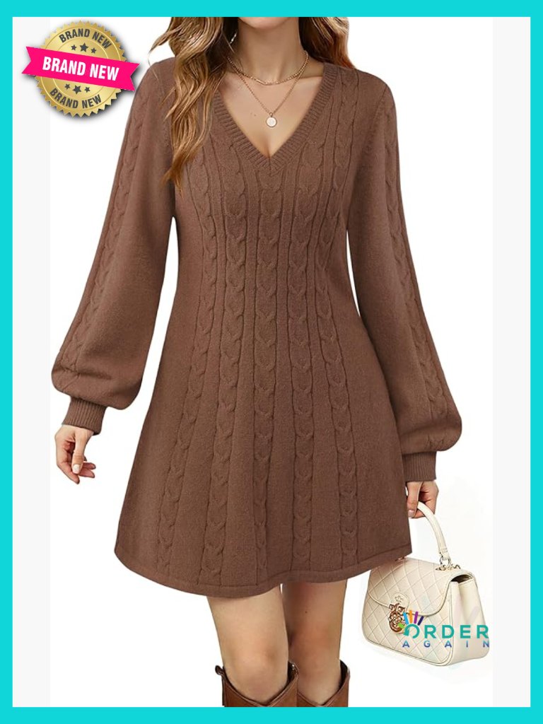 Elegant Long Sleeve Cable Knit Babydoll Sweater Dress V-Neck A-Line Mini